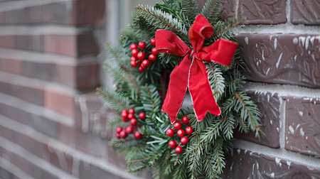 DIY holiday wreath with pine branches, berries, and ribbon, perfect for door decoration.の素材