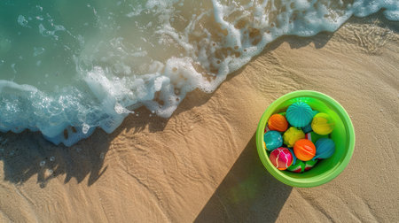An overhead shot of a grass green bucket filled with colorful beach toys, set on the sandy shore with waves gently lapping in the distance.の素材
