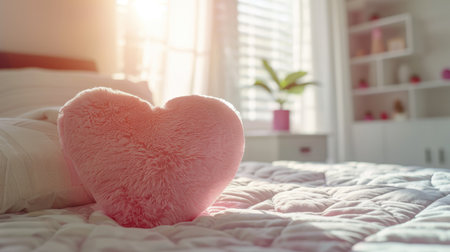 Close-up of the back of a pink love heart-shaped pillow on a cozy white bedspread in a sunlit bedroom.の素材