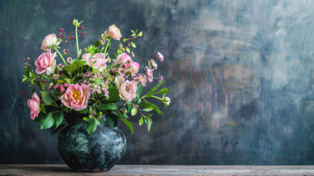 Elegant floral arrangement in a vase on a wooden table, perfect for home decor inspiration.の素材