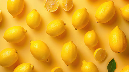 Bright yellow background with scattered fresh lemons, showcasing the zesty and refreshing nature of the fruit.の素材