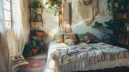 Bohemian-style bedroom with macrame wall hangings and potted plants, evoking a cozy and artistic vibe.の素材