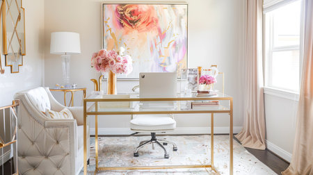 Chic home office decor with stylish desk accessories and motivational wall art.の素材