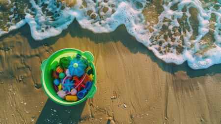 An overhead shot of a grass green bucket filled with colorful beach toys, set on the sandy shore with waves gently lapping in the distance.の素材