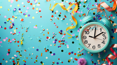 Festive New Year countdown clock with confetti, streamers, and celebration decorations.の素材