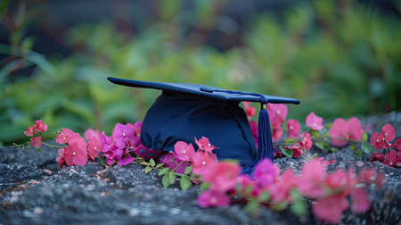 Graduation cap and diploma decorations, celebrating academic achievement.の素材