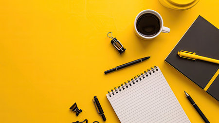 Flat lay of office supplies on a yellow background, including a notebook, pens, and a coffee cup, perfect for productivity-themed designs.の素材