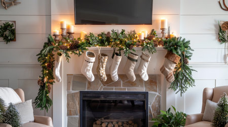 Holiday mantel decor with stockings, garlands, and twinkling lights, creating a cozy and festive atmosphere.の素材