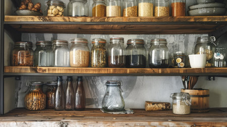 Farmhouse kitchen decor with rustic shelves, vintage jars, and country-style elements.の素材