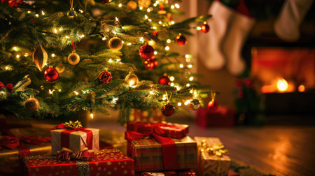 Christmas tree with beautifully wrapped presents, twinkling lights, and festive ornaments.の素材