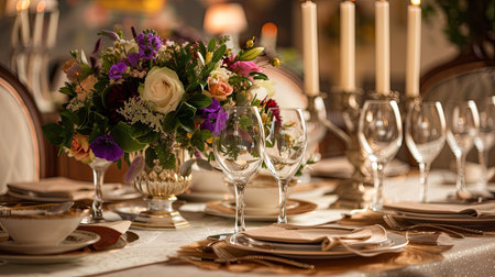 Elegant table setting with floral centerpiece and candles, creating a sophisticated dining atmosphere.の素材