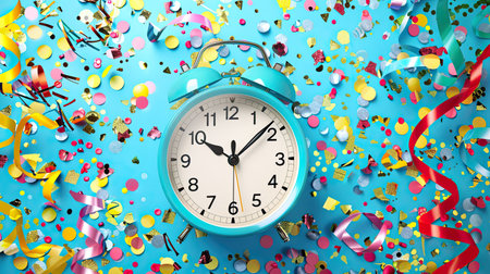 Festive New Year countdown clock with confetti, streamers, and celebration decorations.の素材