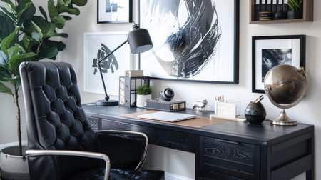 Chic home office decor with stylish desk accessories and motivational wall art.の素材