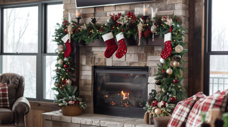Holiday mantel decor with stockings, garlands, and twinkling lights, creating a cozy and festive atmosphere.の素材