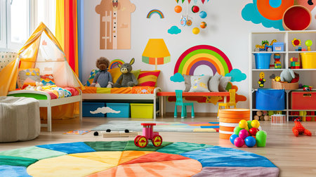 Playful kids' room decor with colorful wall decals, fun toys, and vibrant bedding.の素材