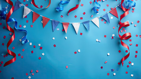 Patriotic decorations for the Fourth of July with flags, red, white, and blue streamers.の素材
