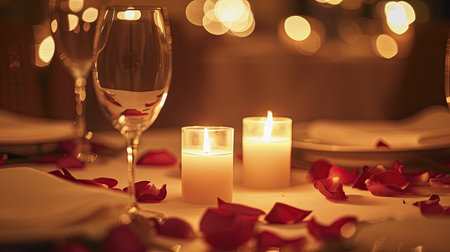 Romantic candlelit dinner setup with rose petals and elegant tableware.の素材