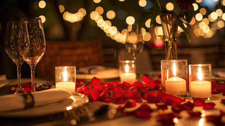 Romantic candlelit dinner setup with rose petals and elegant tableware.の素材