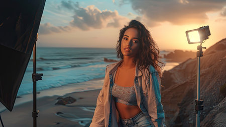 A fashion photographer capturing a model's pose in a stylish outdoor location, with professional lighting equipment.の素材