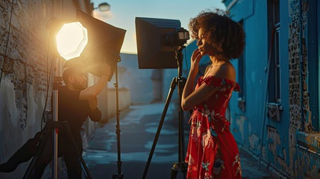 A fashion photographer capturing a model's pose in a stylish outdoor location, with professional lighting equipment.の素材