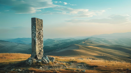 A historical stone monument standing tall against a backdrop of rolling hills.の素材