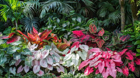 A lush garden bed filled with various Caladium plants, displaying a mix of pink, red, and white foliage.の素材