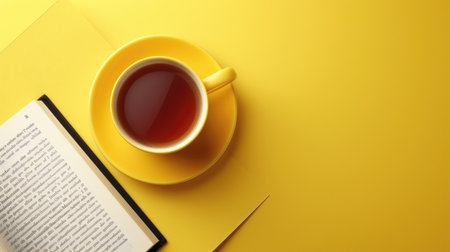 Yellow background with a cozy cup of tea and a book, creating a warm and inviting atmosphere for relaxation.の素材
