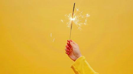 Yellow background with a hand holding a sparkler, perfect for celebrations and festive events.の素材