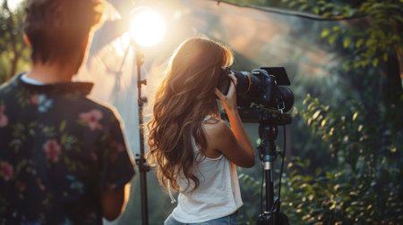 A fashion photographer capturing a model's pose in a stylish outdoor location, with professional lighting equipment.の素材