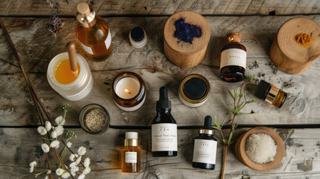 A luxurious skincare flat lay featuring serums, moisturizers, and facial oils on a wooden surface.の素材