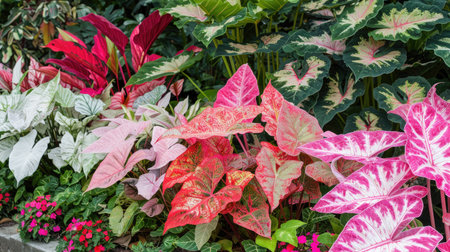A lush garden bed filled with various Caladium plants, displaying a mix of pink, red, and white foliage.の素材