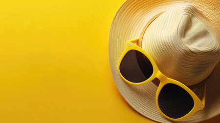 Stylish yellow background with trendy sunglasses and a hat, ideal for summer fashion and travel promotions.の素材