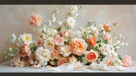 A lush bouquet of garden roses and peonies, arranged with care and set against a soft, neutral backdrop.の素材