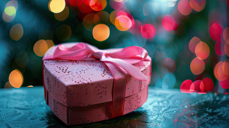 The back of a pink love heart-shaped gift box tied with a ribbon, set against a festive background.の素材