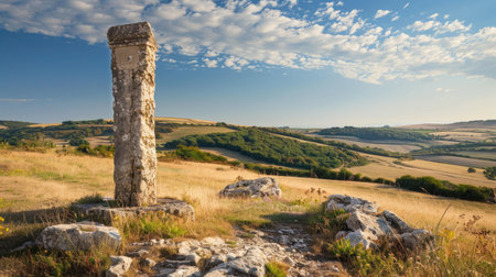 A historical stone monument standing tall against a backdrop of rolling hills.の素材