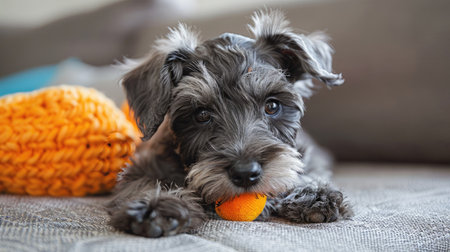 A lively Schnauzer puppy with its bushy eyebrows and beard, playing with a toy.の素材