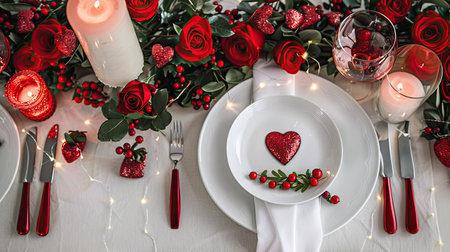 Valentine's Day decorations with hearts, red roses, and romantic table setup.の素材