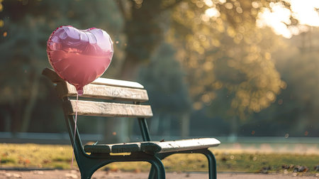 The back of a pink love heart-shaped balloon tied to a park bench, with a serene park scene in the background.の素材