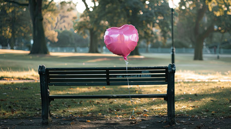 The back of a pink love heart-shaped balloon tied to a park bench, with a serene park scene in the background.の素材