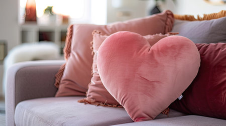 The back of a pink love heart-shaped cushion on a cozy sofa, with a bright living room in the background.の素材