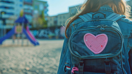 The back of a pink love heart-shaped patch on a backpack, with a schoolyard in the background.の素材