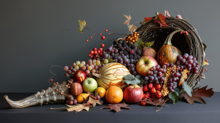 Thanksgiving cornucopia centerpiece with fruits, nuts, and autumn leaves, perfect for festive table setting.の素材