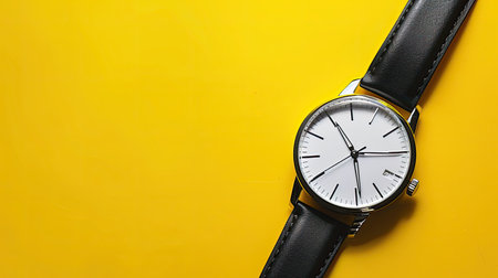 Yellow background with an elegant wristwatch, symbolizing style and punctuality.の素材