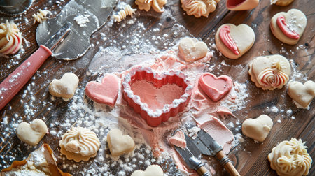 The back of a pink love heart-shaped cookie cutter on a floured surface, with cookie dough and baking tools around it.の素材