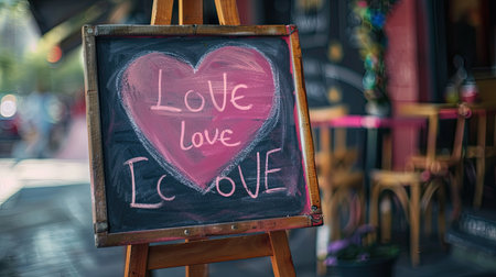 The back of a pink love heart-shaped chalkboard on an easel, with a handwritten message of love.の素材