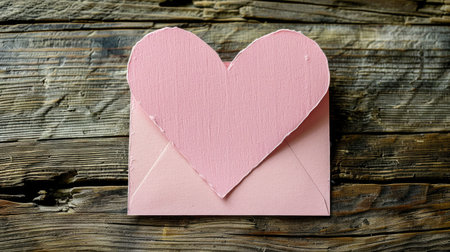 The back of a pink love heart-shaped card with a handwritten love note, set on a rustic wooden table.の素材