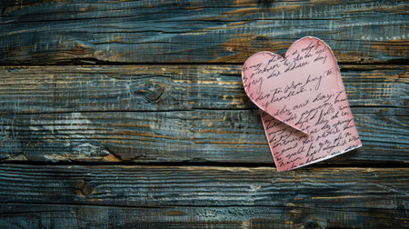 The back of a pink love heart-shaped card with a handwritten love note, set on a rustic wooden table.の素材