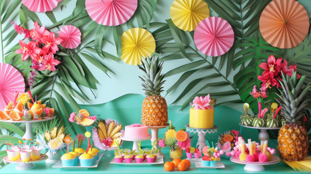 Tropical-themed party decorations with palm leaves, pineapples, and vibrant colors.の素材