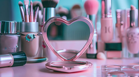 The back of a pink love heart-shaped compact mirror on a vanity table, surrounded by makeup items.の素材