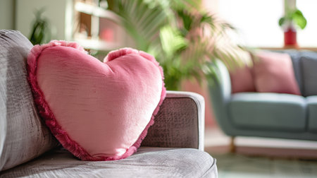 The back of a pink love heart-shaped cushion on a cozy sofa, with a bright living room in the background.の素材